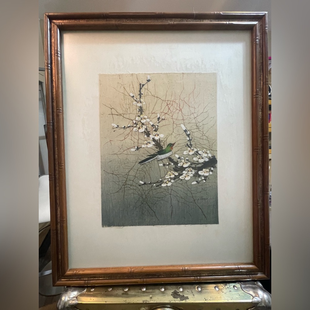 Vintage P. Chan Bird Cherry Blossom Batik Silk Painting 1940s Chinese VTG Art